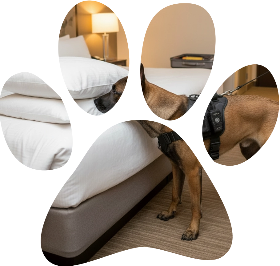 Détection canine : chien reniflant un lit infesté de punaises de lit
