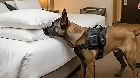 Chien de détection canine reniflant un lit