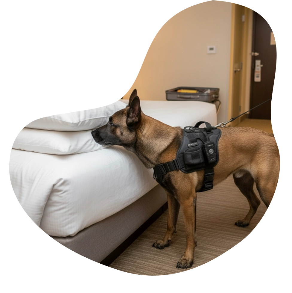 Détection canine : chien reniflant un lit infesté de punaises de lit