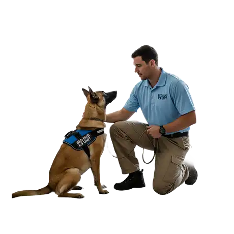 Maître chien accompagné de son chien renifleur de punaises de lit